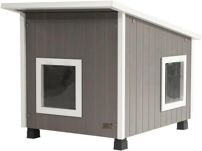 New Age Pet ECOFLEX Albany Outdoor Cat House - Weatherproof, Insulated, Elevated Floor, Dual Escape Doors, Easy Assembly, Moisture & Odor Resistant, 10-Year Warranty, Maple/Brown