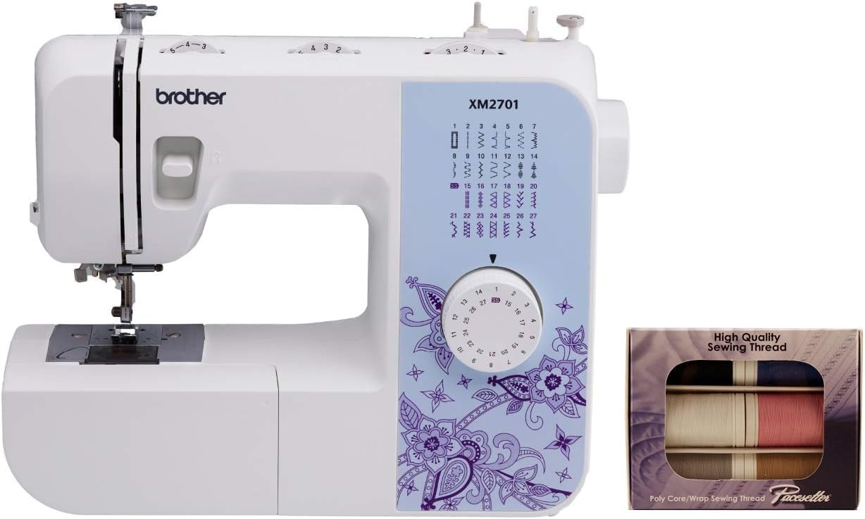 Brother XM2701 Lightweight Sewing Machine 27 Stitches | 27 Built-in Stitches, 1-Step Auto-Size Buttonhole, Needle Threader, Jam-Resistant Top Drop-in Bobbin