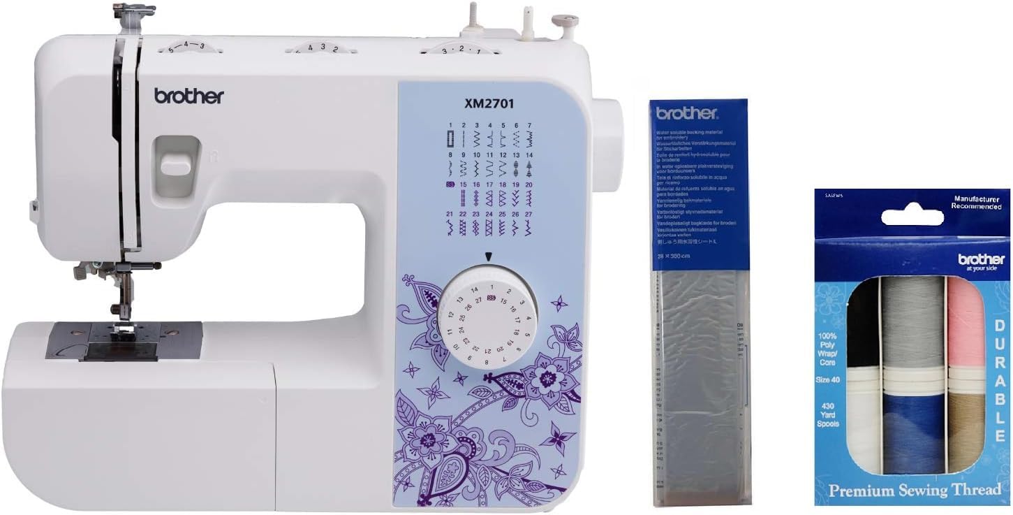 Brother XM2701 Lightweight Sewing Machine 27 Stitches | 27 Built-in Stitches, 1-Step Auto-Size Buttonhole, Needle Threader, Jam-Resistant Top Drop-in Bobbin