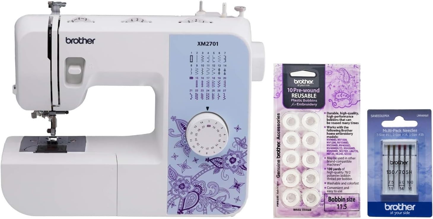 Brother XM2701 Lightweight Sewing Machine 27 Stitches | 27 Built-in Stitches, 1-Step Auto-Size Buttonhole, Needle Threader, Jam-Resistant Top Drop-in Bobbin