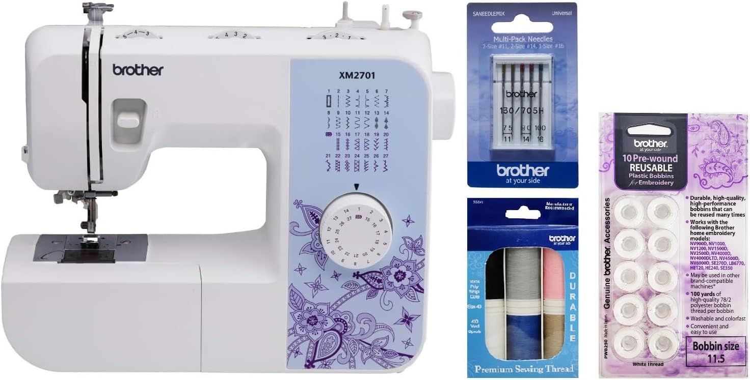 Brother XM2701 Lightweight Sewing Machine 27 Stitches | 27 Built-in Stitches, 1-Step Auto-Size Buttonhole, Needle Threader, Jam-Resistant Top Drop-in Bobbin