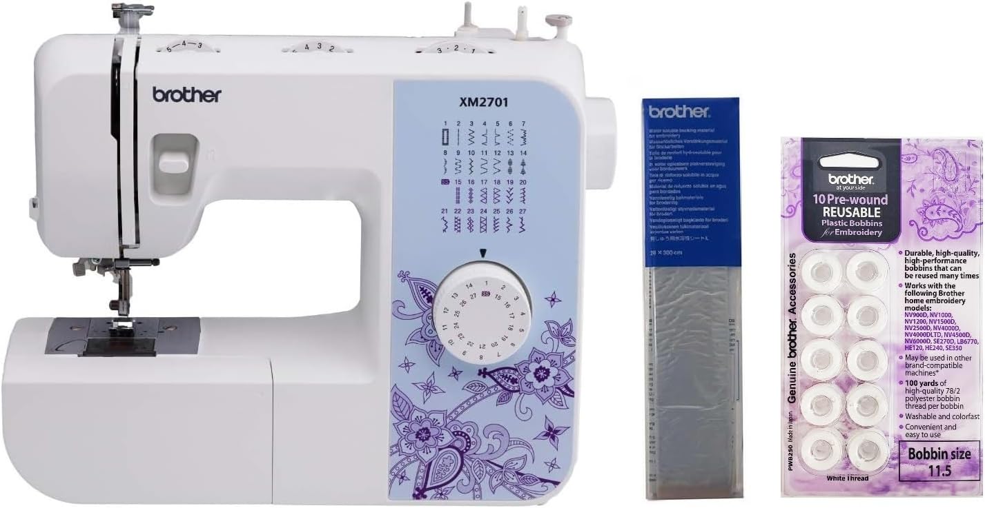 Brother XM2701 Lightweight Sewing Machine 27 Stitches | 27 Built-in Stitches, 1-Step Auto-Size Buttonhole, Needle Threader, Jam-Resistant Top Drop-in Bobbin