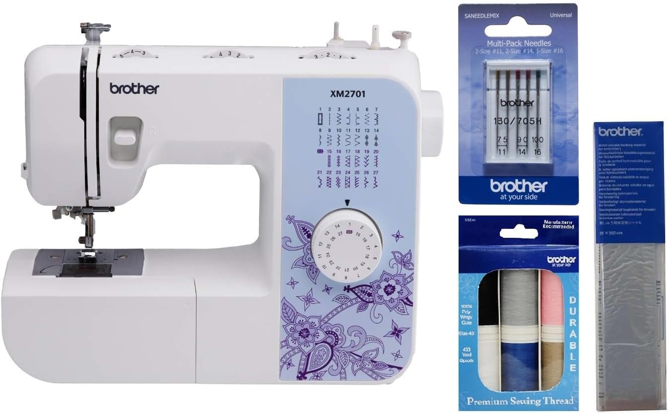Brother XM2701 Lightweight Sewing Machine 27 Stitches | 27 Built-in Stitches, 1-Step Auto-Size Buttonhole, Needle Threader, Jam-Resistant Top Drop-in Bobbin
