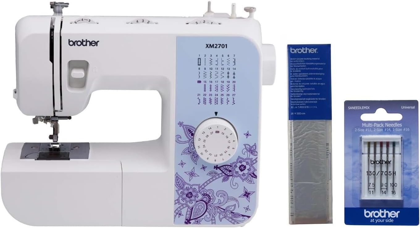 Brother XM2701 Lightweight Sewing Machine 27 Stitches | 27 Built-in Stitches, 1-Step Auto-Size Buttonhole, Needle Threader, Jam-Resistant Top Drop-in Bobbin