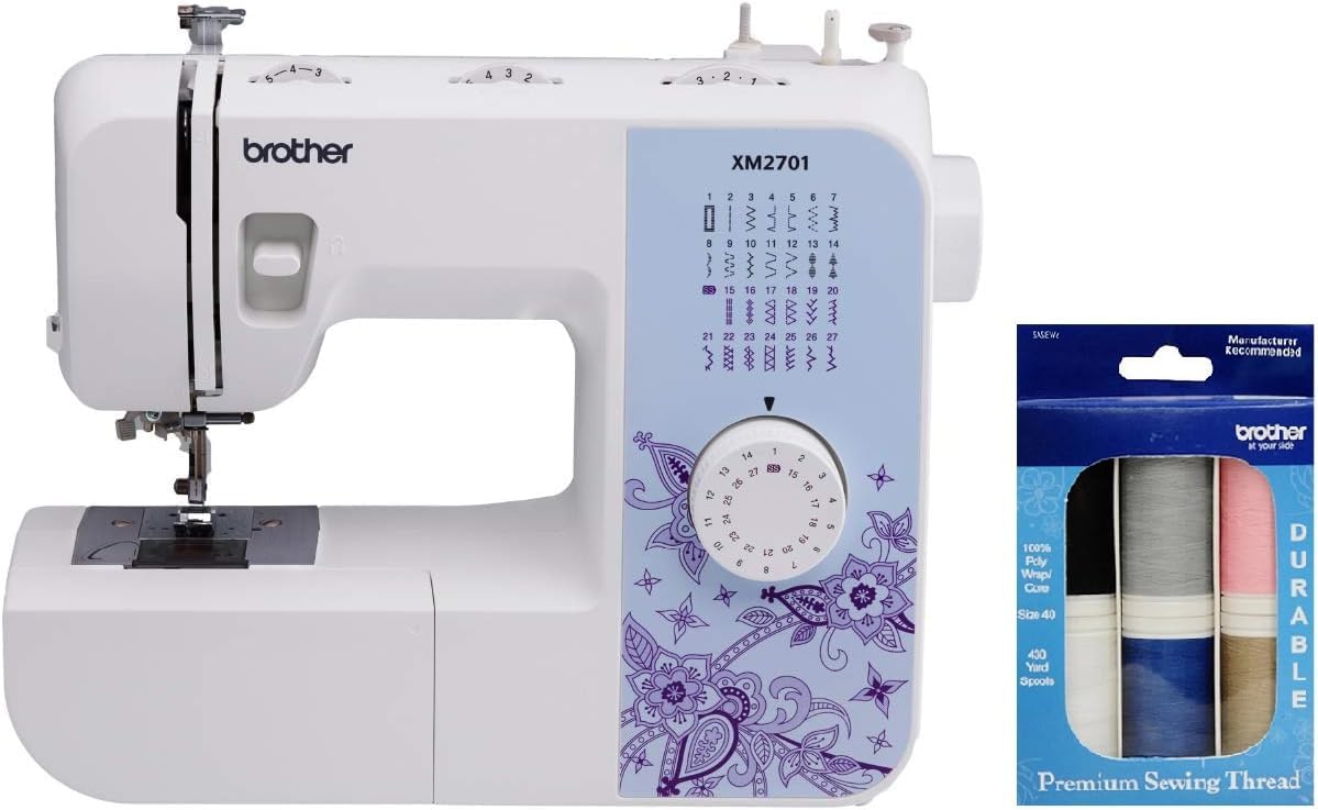 Brother XM2701 Lightweight Sewing Machine 27 Stitches | 27 Built-in Stitches, 1-Step Auto-Size Buttonhole, Needle Threader, Jam-Resistant Top Drop-in Bobbin