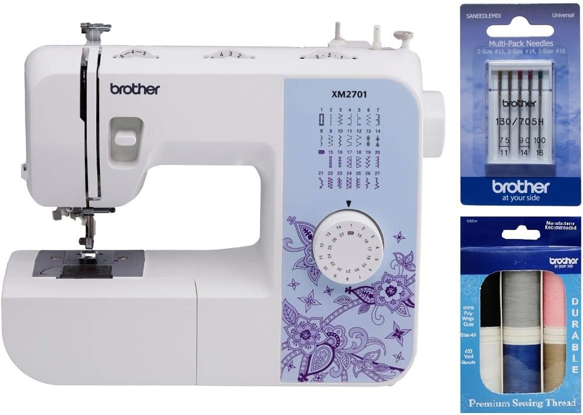 Brother XM2701 Lightweight Sewing Machine 27 Stitches | 27 Built-in Stitches, 1-Step Auto-Size Buttonhole, Needle Threader, Jam-Resistant Top Drop-in Bobbin