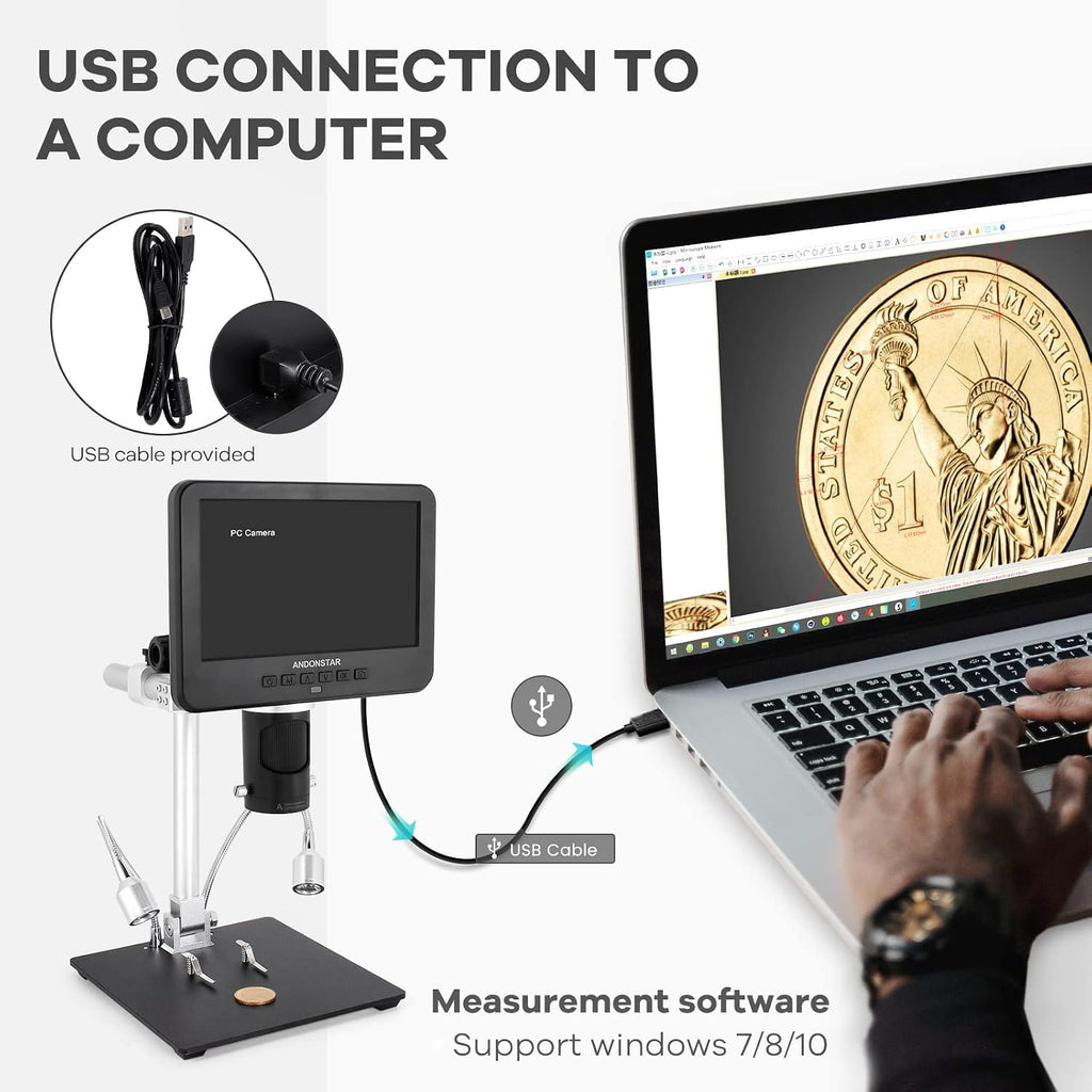 Andonstar AD246S-M HDMI Digital Microscope 2000x for Adults, 3 Lens 2160P UHD Video Record, 7 Inch LCD Soldering Microscope for Electronics Repair, Error Coins, Pro Boom Arm Stand, Windows Compatible