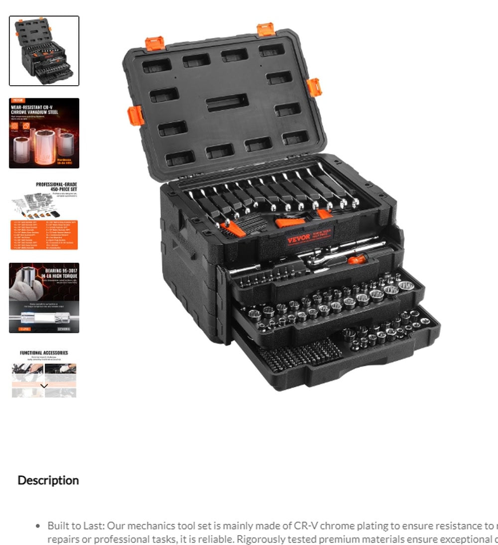 VEVOR 450-Piece SAE and Metric Mechanics Tool and Socket Set product view