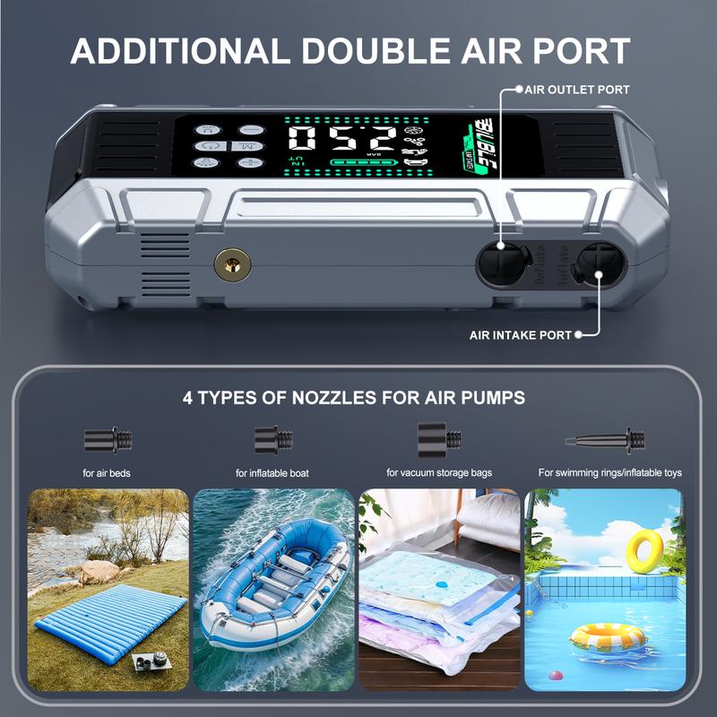 BIUBLE jump starter air intake and outlet ports with inflation nozzles