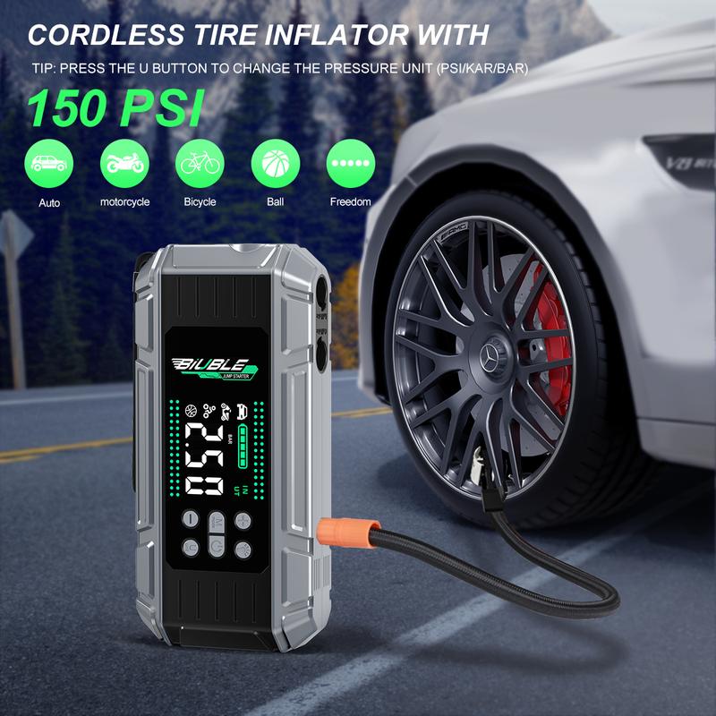BIUBLE 150 PSI cordless tire inflator beside a vehicle wheel