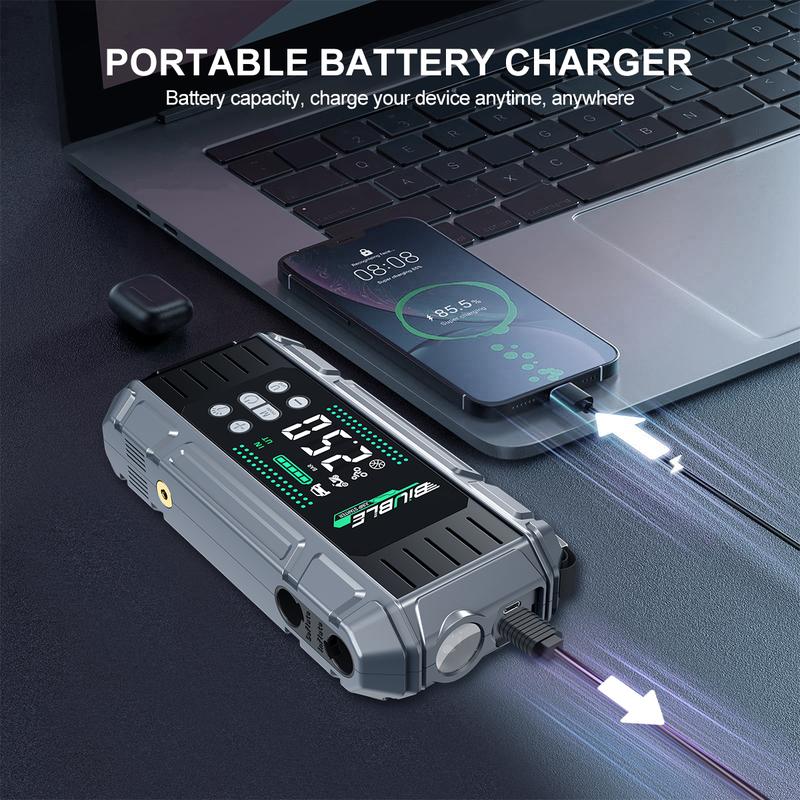BIUBLE portable jump starter charging a phone and laptop