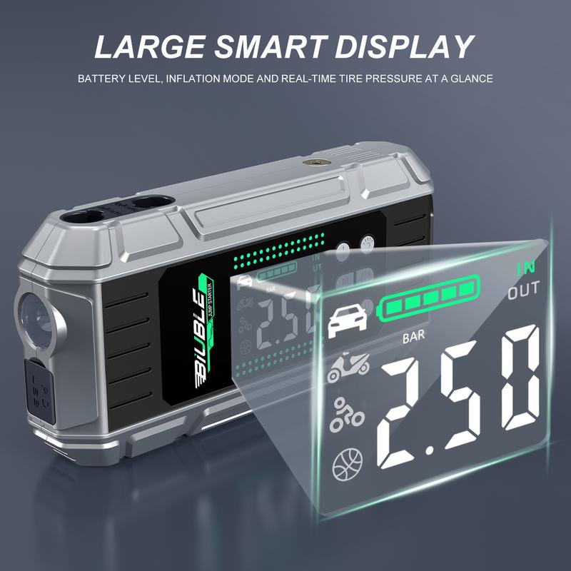 BIUBLE jump starter LCD display showing pressure and battery information